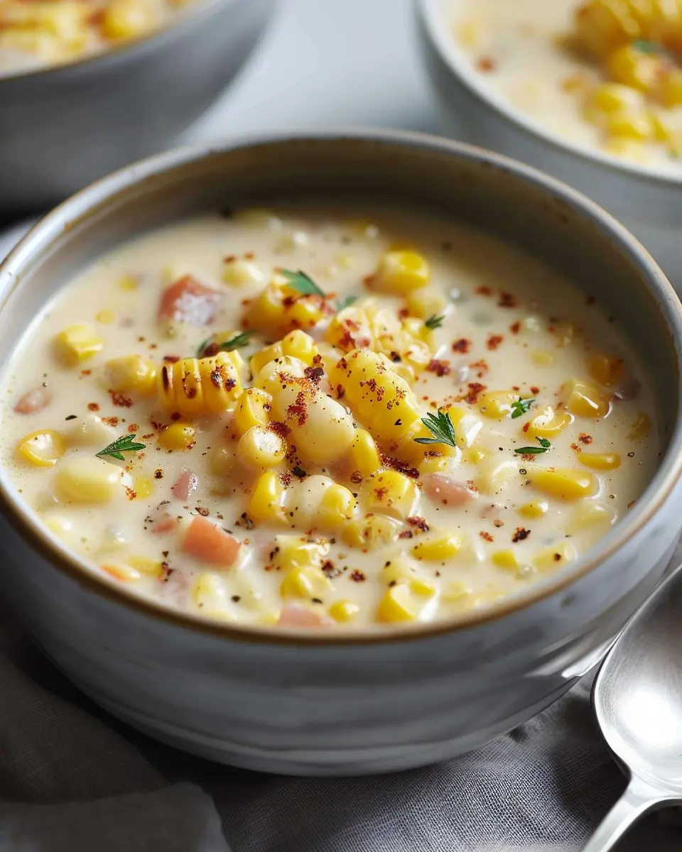 Creamy Corn Chowder with Turkey Bacon and Chicken Ham Delight