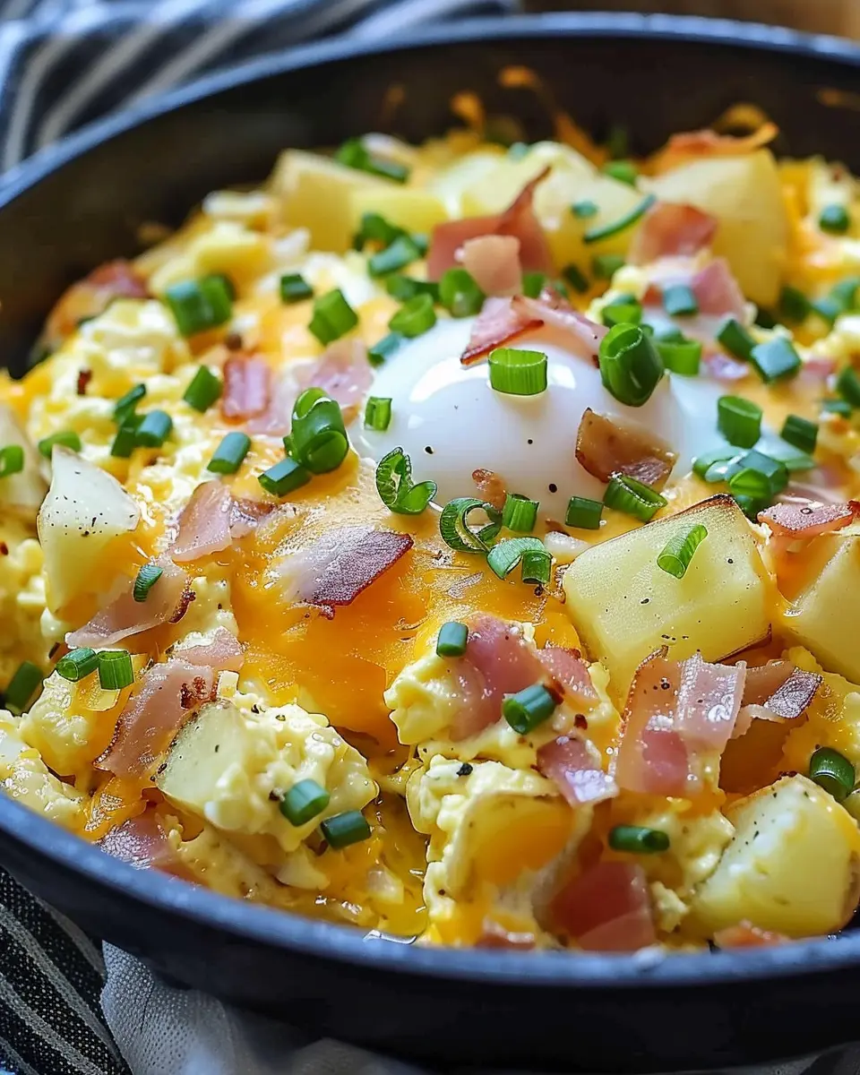 Cheesy Potato Egg Scramble with Turkey Bacon: Easy and Delicious