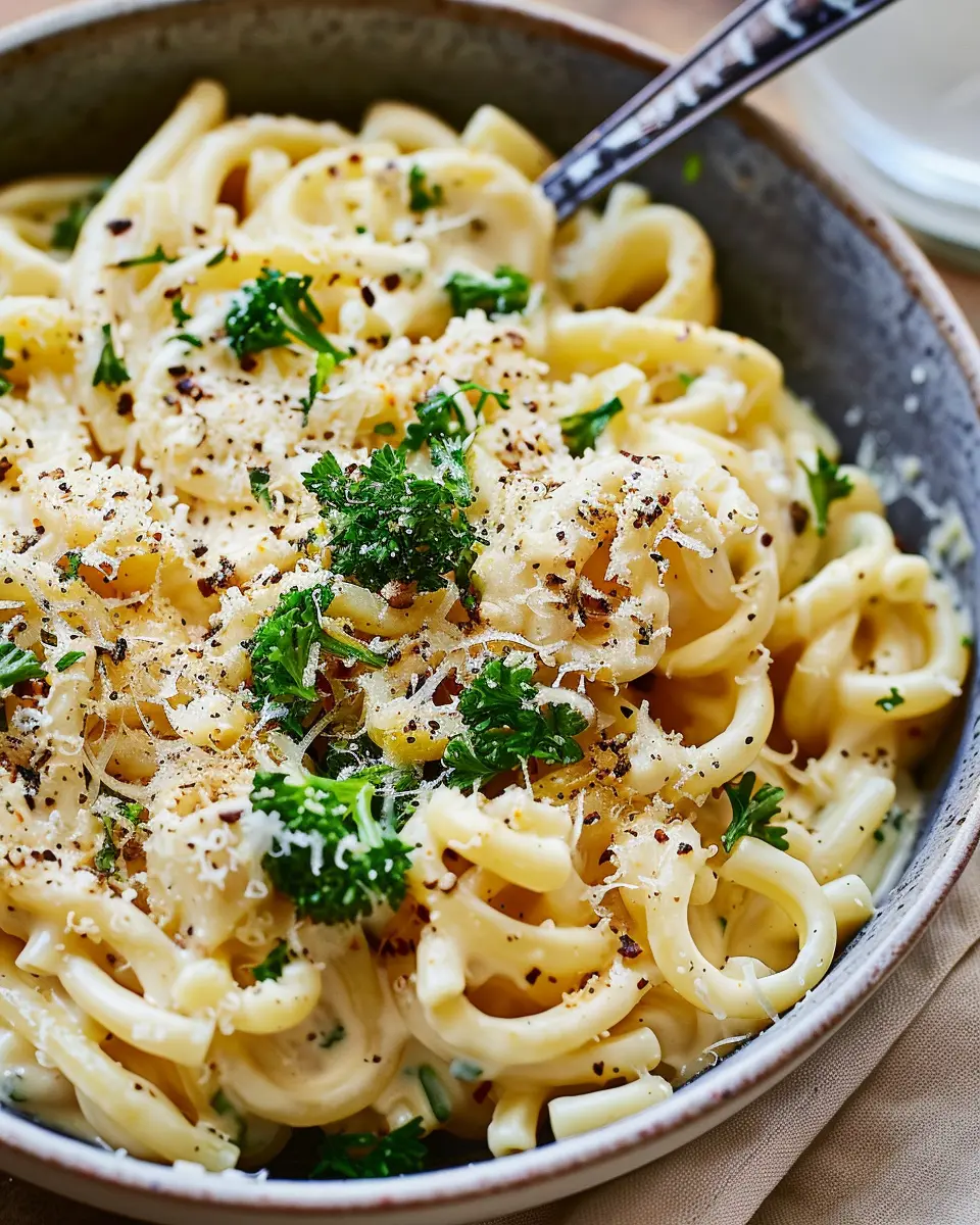 One Pot Creamy Garlic Pasta with Turkey Bacon and Chicken Ham