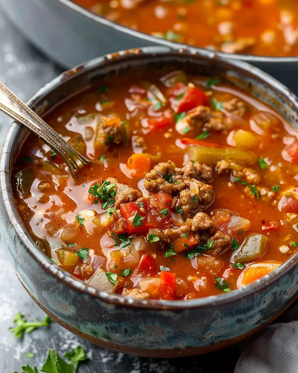 Easy Stuffed Pepper Soup with Turkey Bacon and Chicken Ham Delight