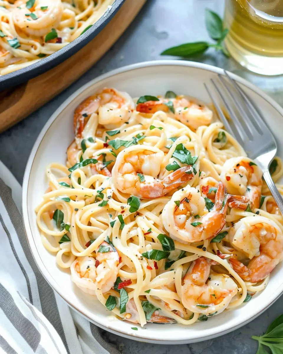 Creamy Tuscan Shrimp Linguine with Turkey Bacon and Chicken Ham