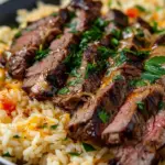 Creamy Queso Rice with Juicy Steak Strips