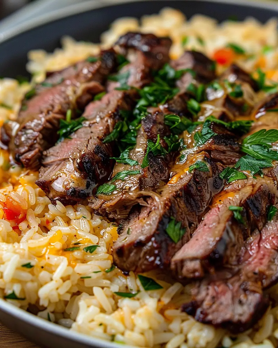 Creamy Queso Rice with Juicy Steak Strips for a Cozy Dinner