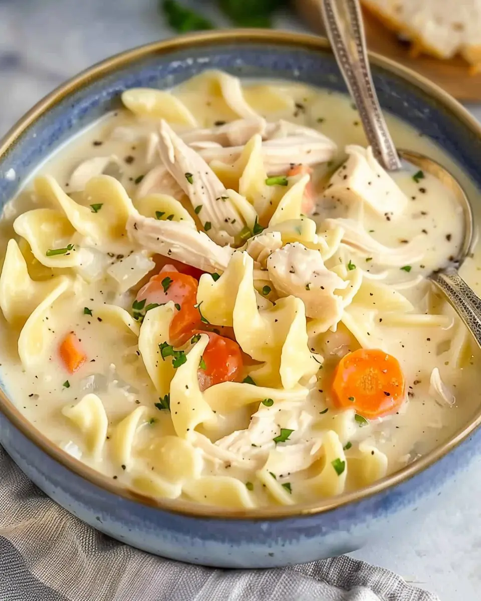 Easy Creamy Chicken Noodle Soup with Turkey Bacon Delight