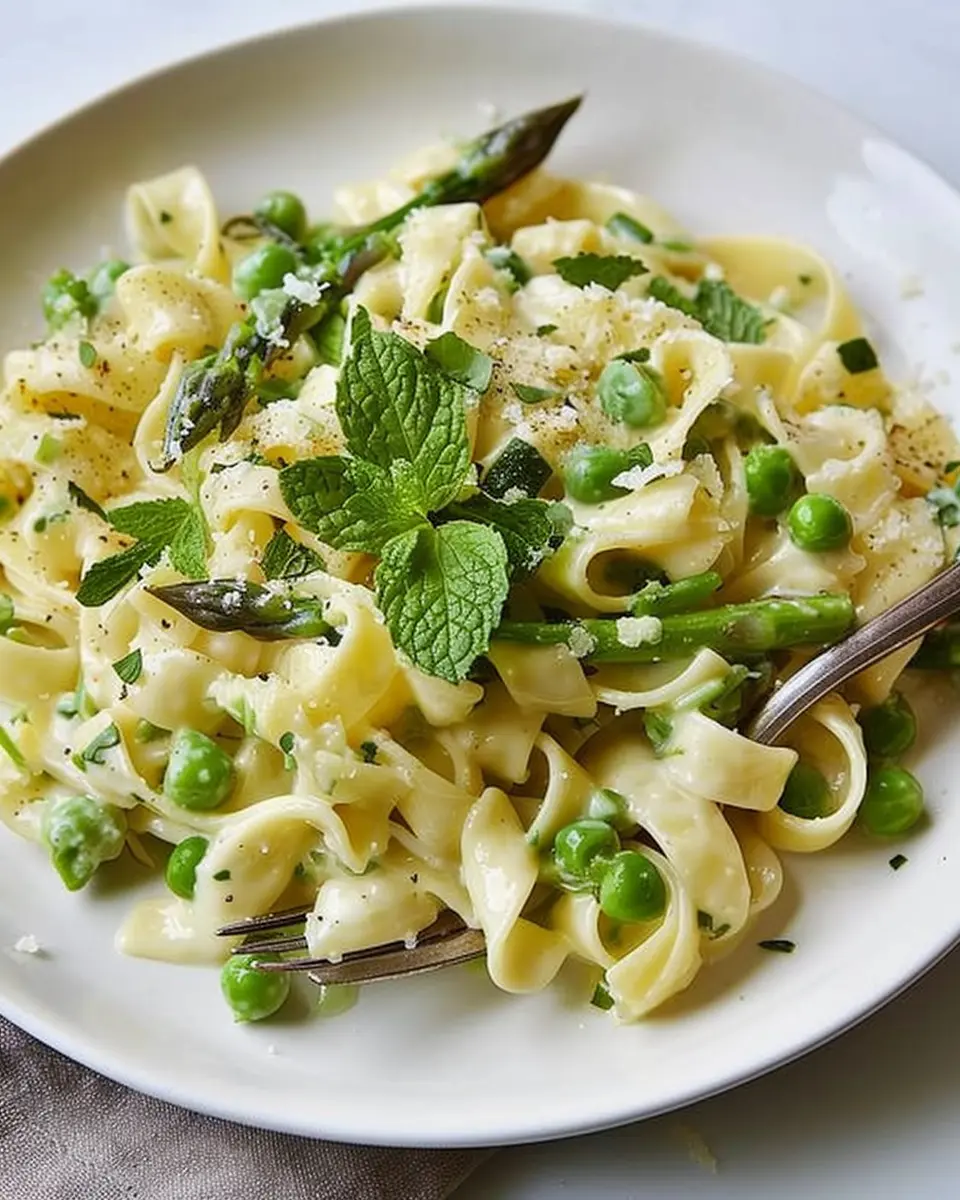 Creamy Asparagus Pasta: Indulgent Dish with Peas and Mint