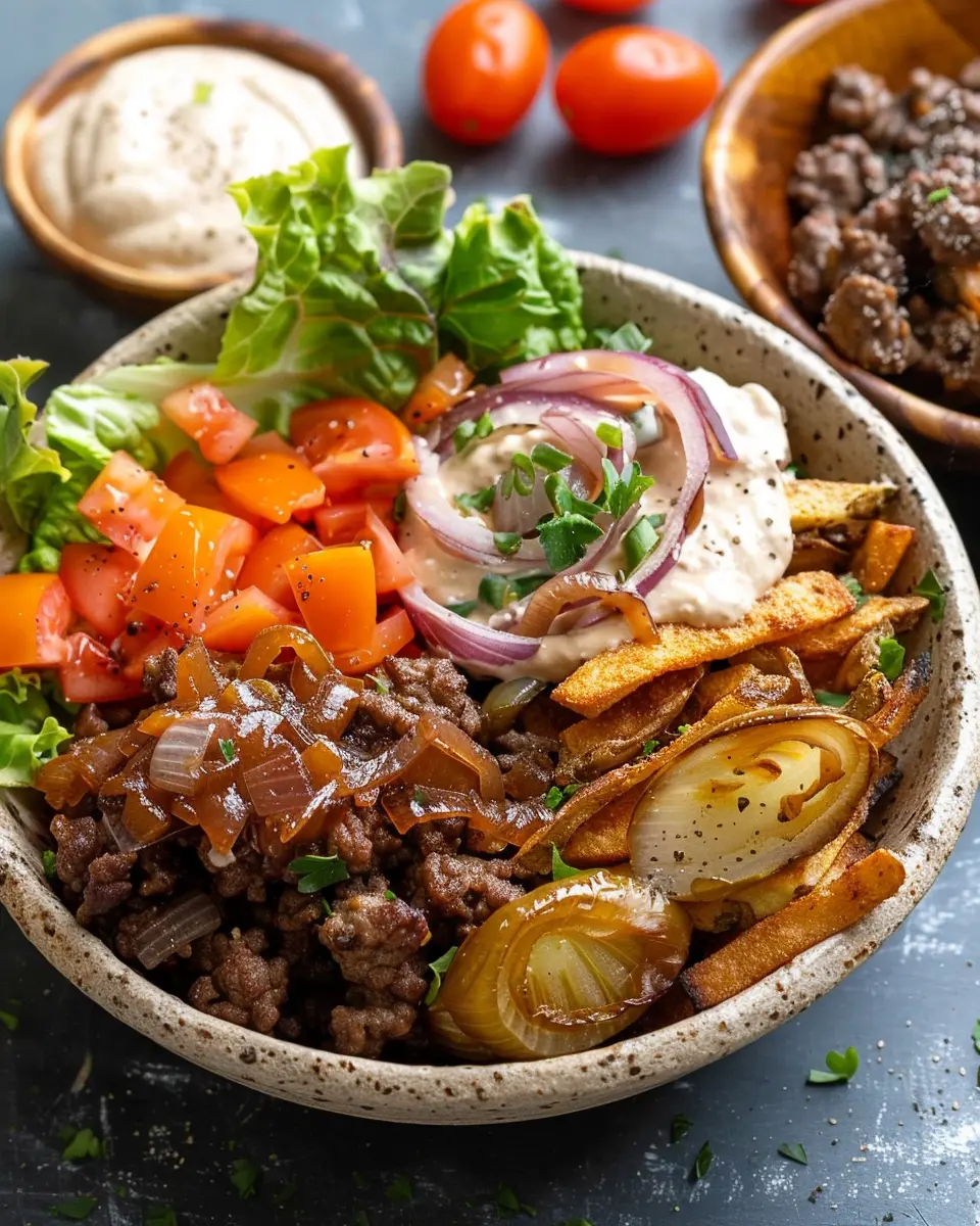 Burger Bowls: Indulgent Flavor with Turkey Bacon and Caramelized Onion Aioli