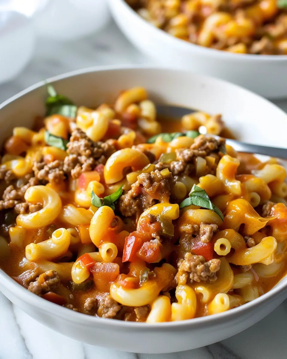 One Pot Cheeseburger Macaroni Delight with Turkey Bacon Twist
