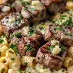 Garlic Butter Steak Tips With Cheesy Rigatoni In Mozzarella Sauce