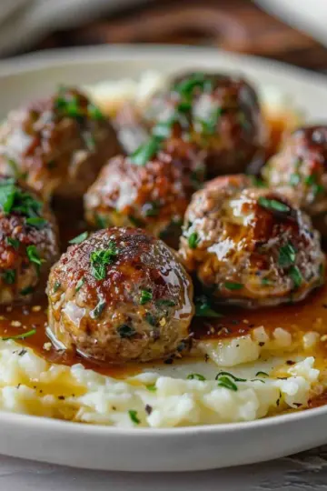 salisbury steak meatballs with garlic herb mashed potatoes
